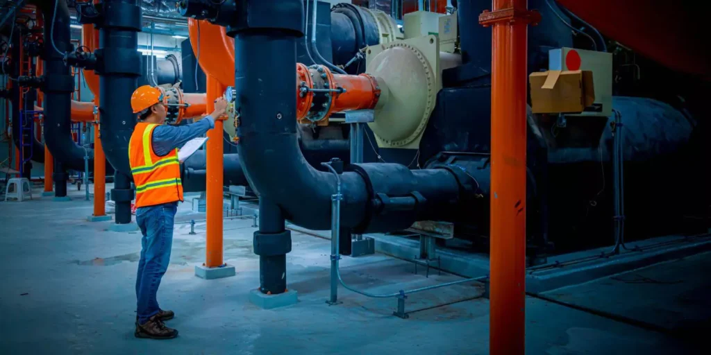 Worker inspecting large industrial machinery with safety gear